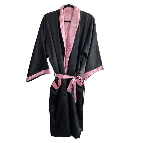 JAPANESE Women Reversible Robe One SZ Black Pink Embroidered Dragon Kimono 65-3 - Picture 3 of 13